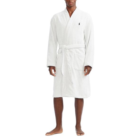 NWT RALPH LAUREN Large Polo Pony Plush Velour Bath Robe White Gray $150 - Picture 3 of 9